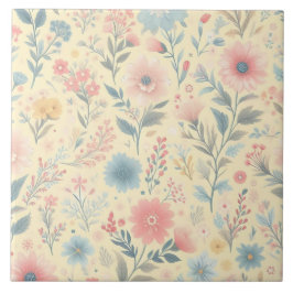 Azulejo Rosa y azul pastel floral en amarillo claro