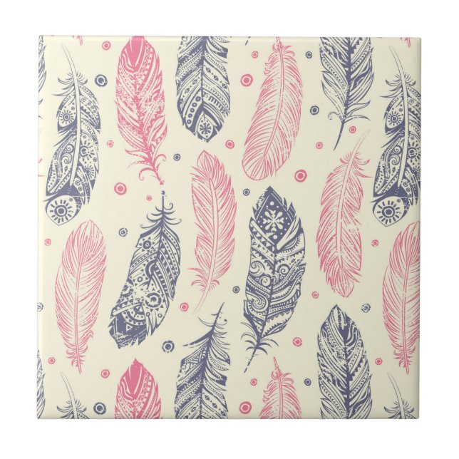 Azulejo Rosa y modelo étnico púrpura de la pluma (Frente)