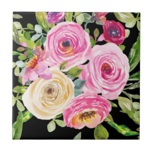 Azulejo Rosas acuarela en rosa y crema sobre negro