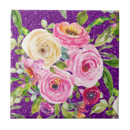 Azulejo Rosas acuarelas en Purpurina rosa y morado crema