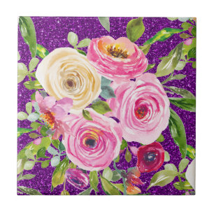 Azulejo Rosas acuarelas en Purpurina rosa y morado crema