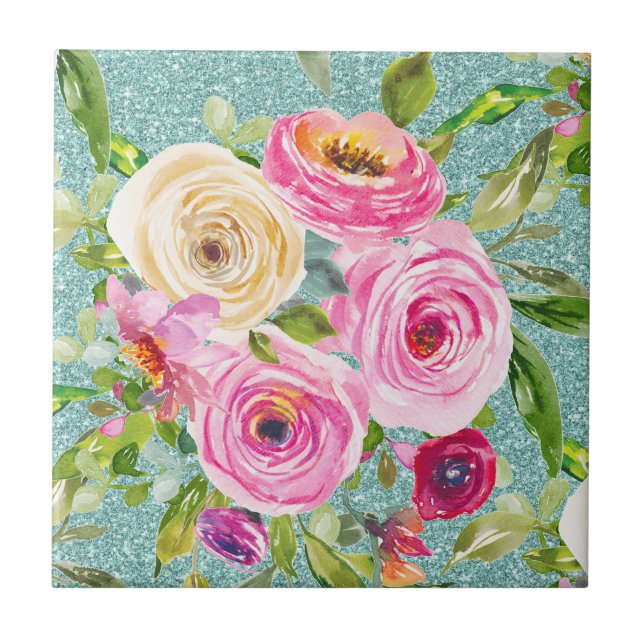 Azulejo Rosas acuarelas en rosa y crema en el Purpurina Aq (Frente)