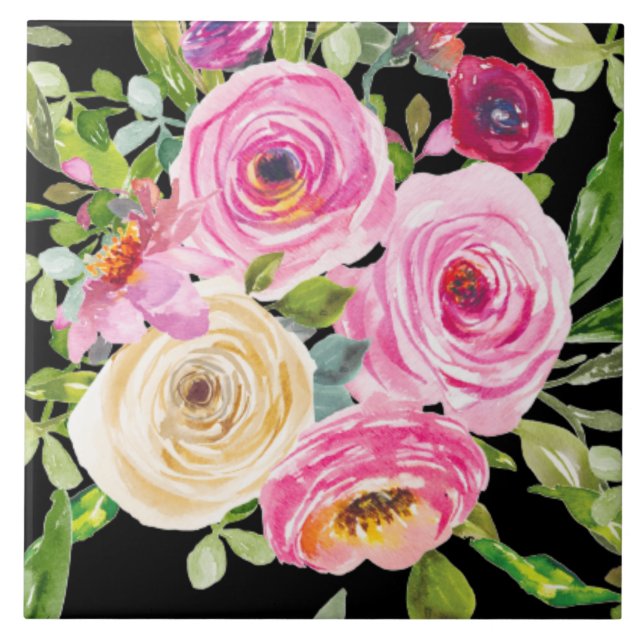 Azulejo Rosas acuarelas en rosa y crema en negro (Frente)