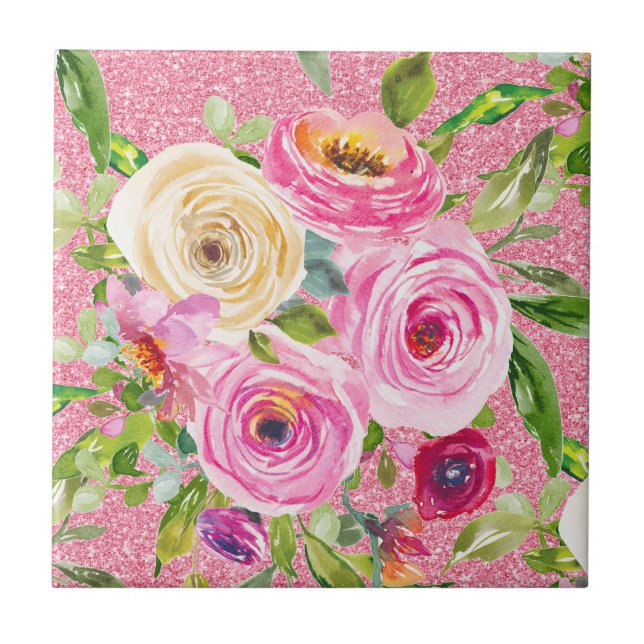 Azulejo Rosas acuarelas en rosa y crema en Purpurina rosa (Frente)