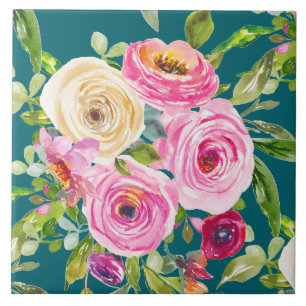 Azulejo Rosas acuarelas en rosa y rojo en Verde azulado