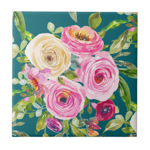 Azulejo Rosas acuarelas en rosa y rojo en Verde azulado