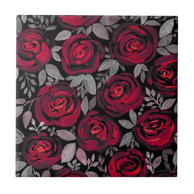 Azulejo Rosas acuarelas, rosas rojas sobre negro (Frente)