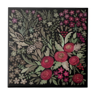 Azulejo Rosas acuarelas sobre fondo negro, acuarela