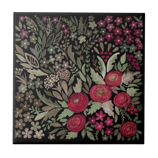 Azulejo Rosas acuarelas sobre fondo negro, acuarela (Frente)