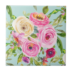 Azulejo Rosas acuáticos en rosa y crema en Aqua