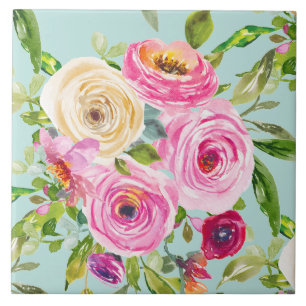 Azulejo Rosas acuáticos en rosa y crema en Aqua