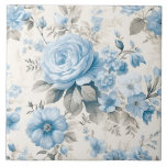 Azulejo Rosas azul Pastel de luz artificial<br><div class="desc">Este delicado diseño artístico presenta rosas azul polvoriento pálido,  flores silvestres y flores de hidrangea con un follaje de sabio pastel claro sobre fondo de concha de huevo.</div>