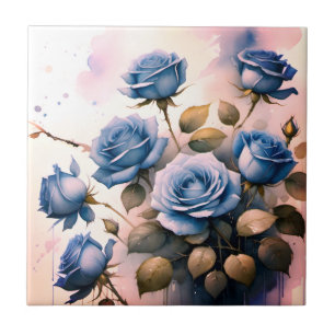 Azulejo Rosas azules bonitas en pintura de acuarela rosa
