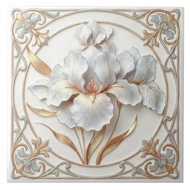 Azulejo Rosas Azules Elegantes de Oro Estilizadas (Frente)