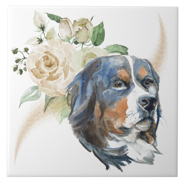 Azulejo Rosas blancas Bouquet Perro de montaña Bernese (Frente)