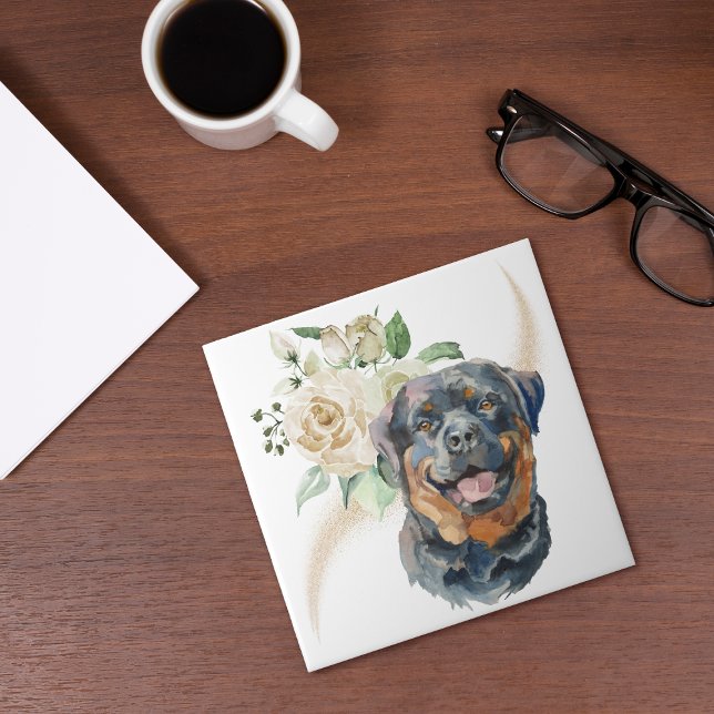 Azulejo Rosas blancas Bouquet Rottweiler Dog (Subido por el creador)