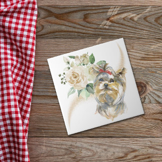 Azulejo Rosas blancas Bouquet Yorkshire Terrier Dog