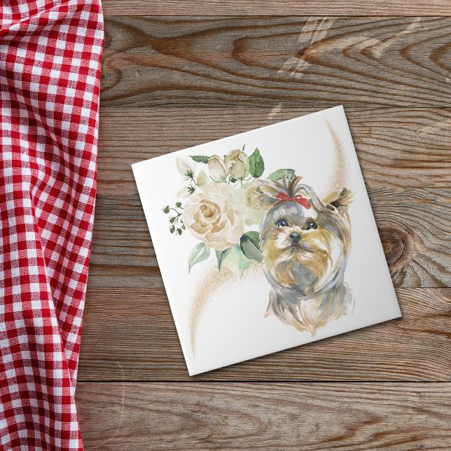 Azulejo Rosas blancas Bouquet Yorkshire Terrier Dog (Subido por el creador)
