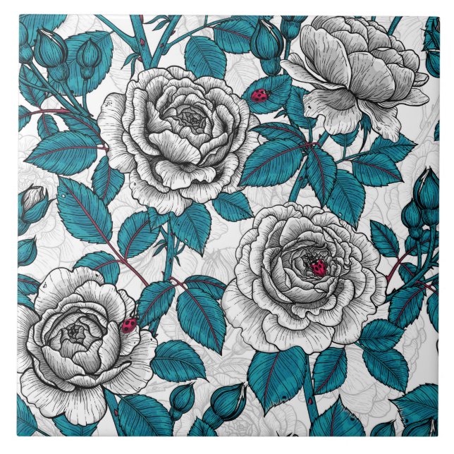 Azulejo Rosas blancas y ladybugs (Frente)
