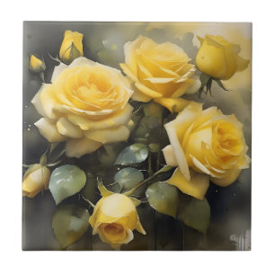 Azulejo Rosas bonitos amarillos jardín acuarela pintura
