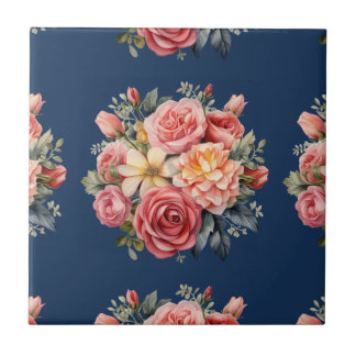 Azulejo Rosas clásicas rosadas florales sobre un fondo azu