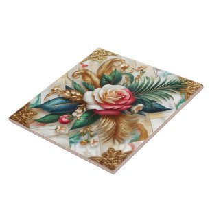 Azulejo Rosas con hojas de oro en mármol