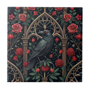 Azulejo Rosas Cuervo Góticas Patrón Ornamentado