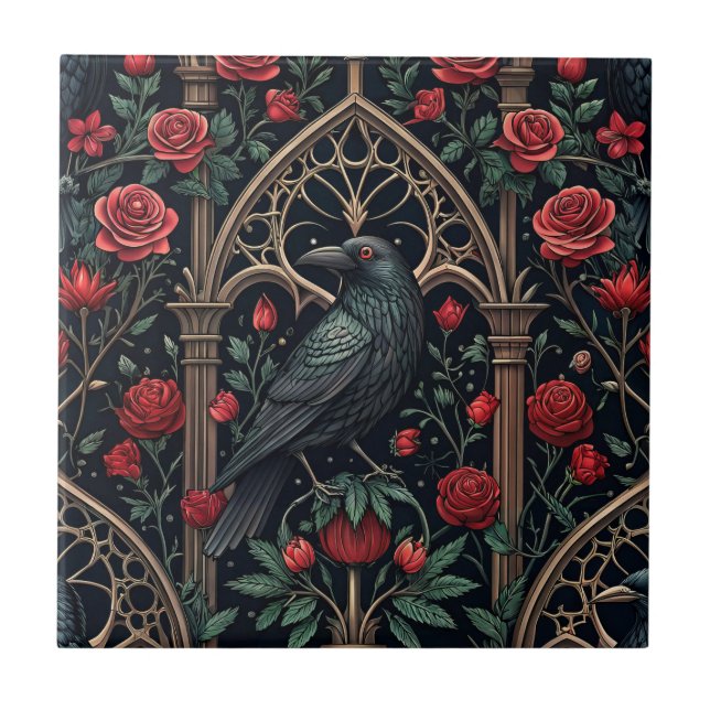 Azulejo Rosas Cuervo Góticas Patrón Ornamentado (Frente)