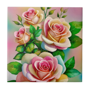 Azulejo Rosas de Elegancia Rosa y Amarillo Acuarela Pastel
