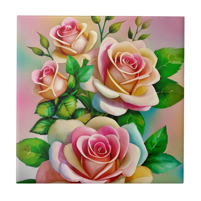 Azulejo Rosas de Elegancia Rosa y Amarillo Acuarela Pastel (Frente)