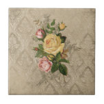 Azulejo Rosas de época y Damasco<br><div class="desc">Diseño con texturas ricas,  con un rociado de rosas vintage de color amarillo y rosa,  con un delicado adorno floral grabado en un fondo adamascado de lino vintage con tonificación.</div>