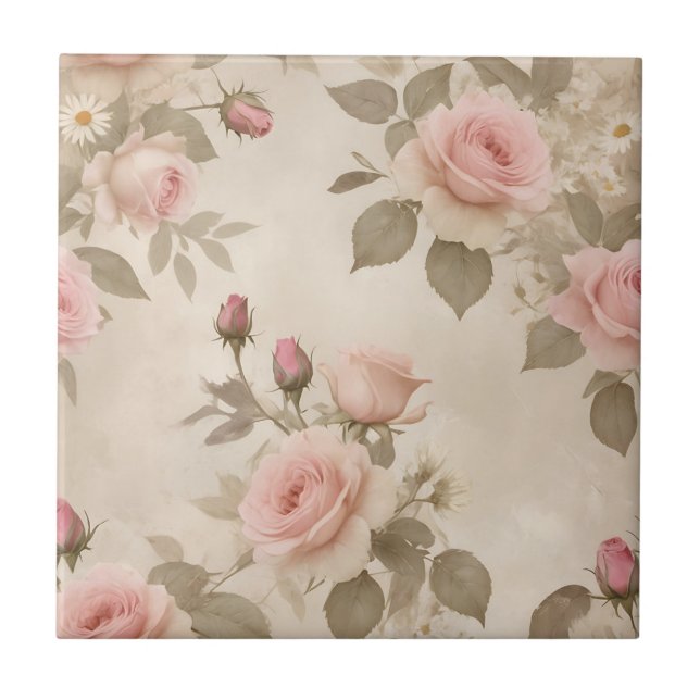 Azulejo Rosas de época y maricones de fondo beige (Frente)