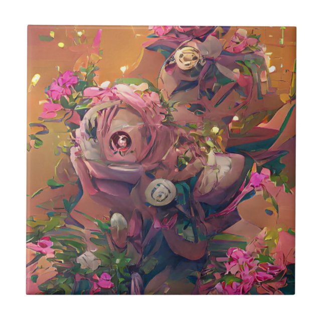 Azulejo Rosas de flores naranja rosa arte digital verde (Frente)