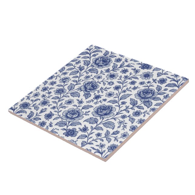 Azulejo Rosas de flores patrón azul real  (Lado)