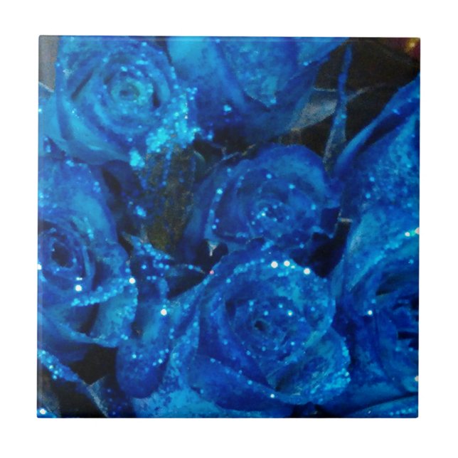 Azulejo Rosas de glamour de Purpurina azul romántico (Frente)