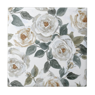 Azulejo Rosas de jardín Floral vintage acuarela blanca
