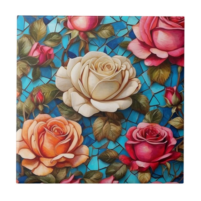 Azulejo Rosas de la época en el fondo del mosaico azul (Frente)