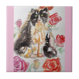 Azulejo Rosas De Tuxedo Cat Cute Flores Gatos Rosa De Acua
