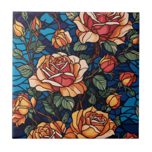 Azulejo Rosas de vidrio manchado colorido botánico