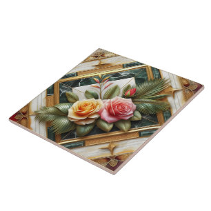 Azulejo Rosas elegantes con hojas decorativas en mármol