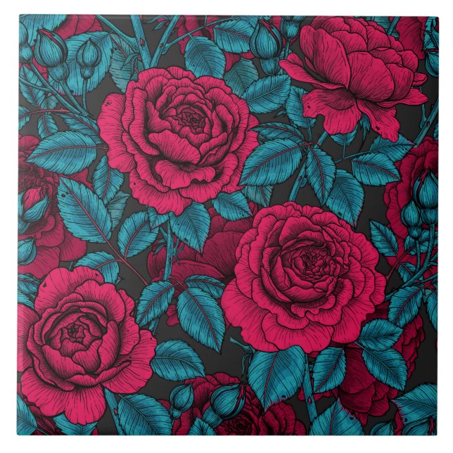 Azulejo Rosas en rojo y azul (Frente)