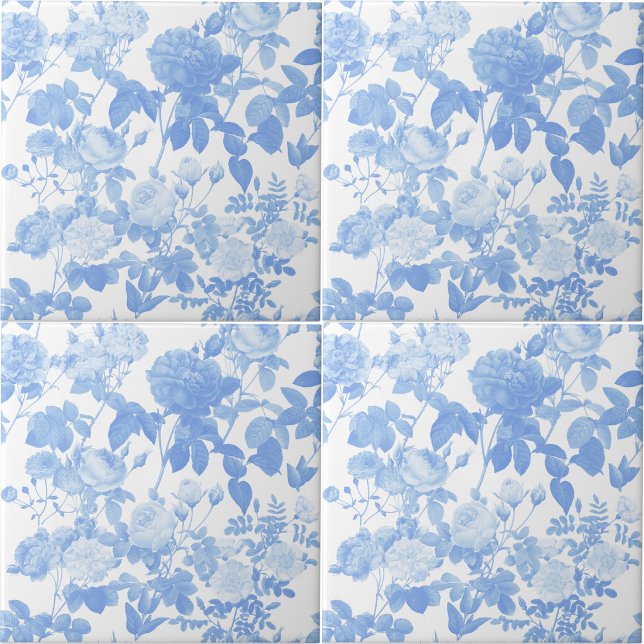 Azulejo Rosas Florales Blancas Azules Patrón Francés (Blue White Floral Roses French Pattern Ceramic Tile)