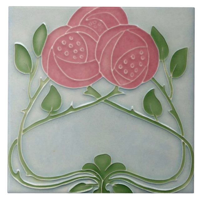 Azulejo Rosas florales franceses azul rosado Art Nouveau (Frente)