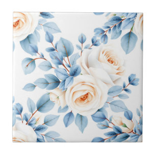 Azulejo Rosas Melocotón Polvo Azul Eucalipto Patrón
