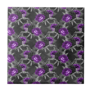 Azulejo Rosas Moradas Negras Hojas de Plata Jardín Oscuro