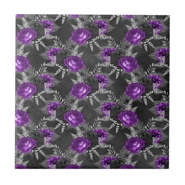 Azulejo Rosas Moradas Negras Hojas de Plata Jardín Oscuro (Frente)