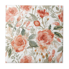 Azulejo Rosas Naranjas Botánico Acuarela Coral Floral