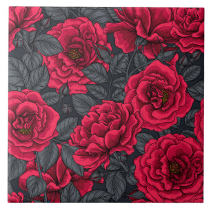 Azulejo Rosas rojas con hojas grises en negro