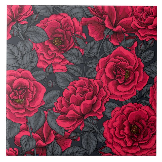 Azulejo Rosas rojas con hojas grises en negro (Frente)