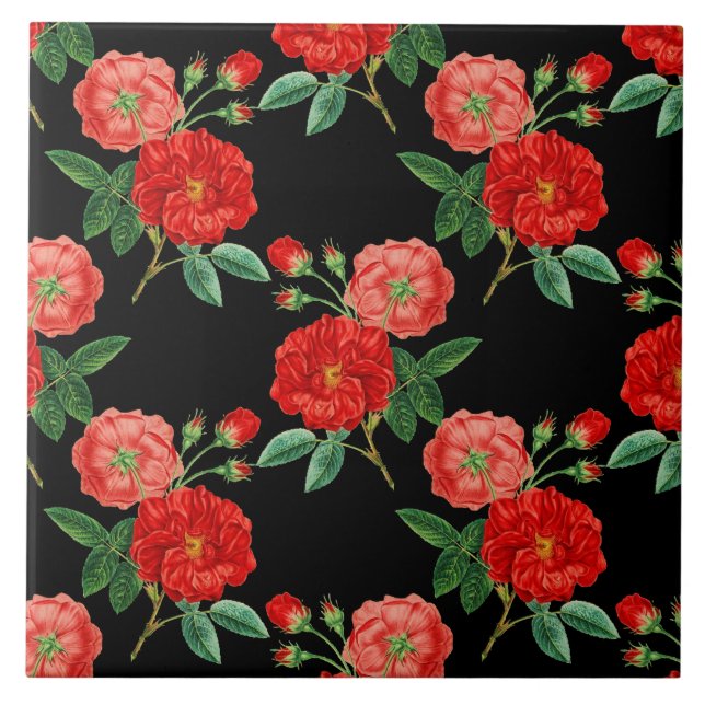 Azulejo Rosas Rojas, Fondo Negro, (Frente)